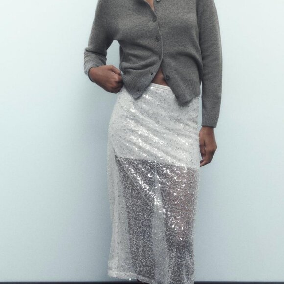 Size S Like new Zara ZARA SEQUIN MIDI SKIRT  Silver Grey Modern - Picture 1 of 1